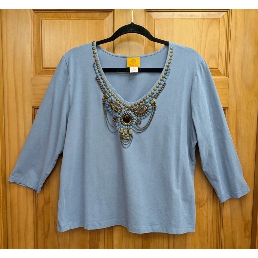 Ruby Rd Women's XL Top Stretch 3/4 Sleeves Beaded V Neck Lavender Shirt